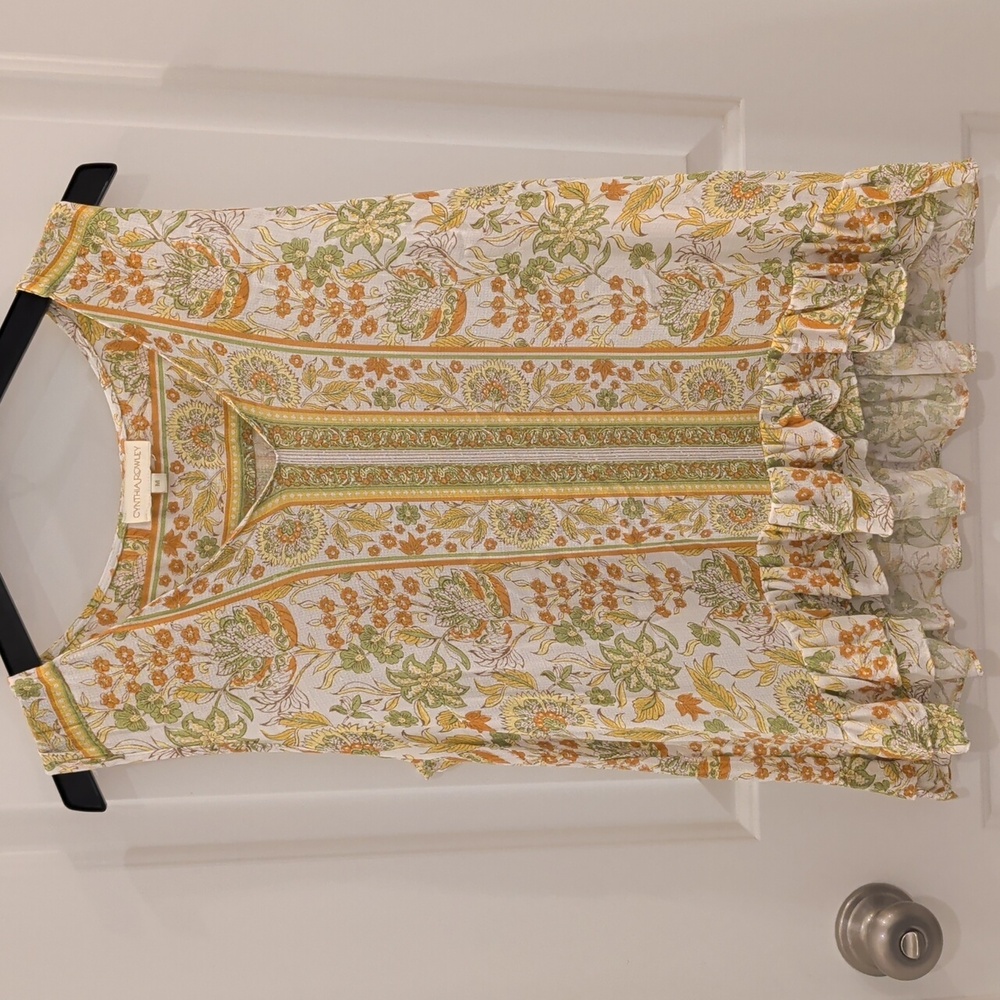 Cynthia Rowley Floral Sleeveless V Neck Top W Double Ruffle Hi Low Hem 70s Vibe